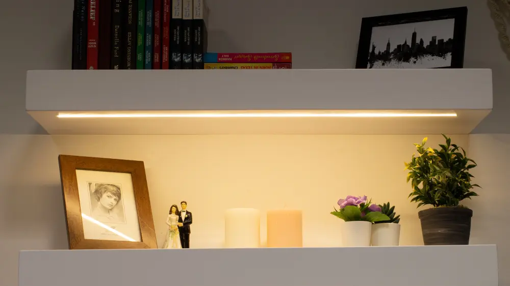 LED flexible strips in floating shelves in bedroom