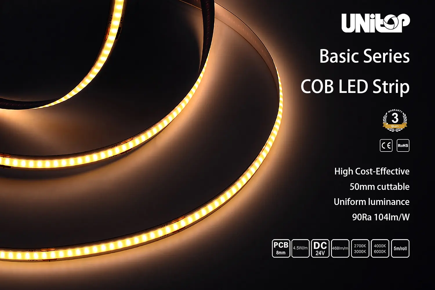 COB LEDストリップ-320-8mm-5m。