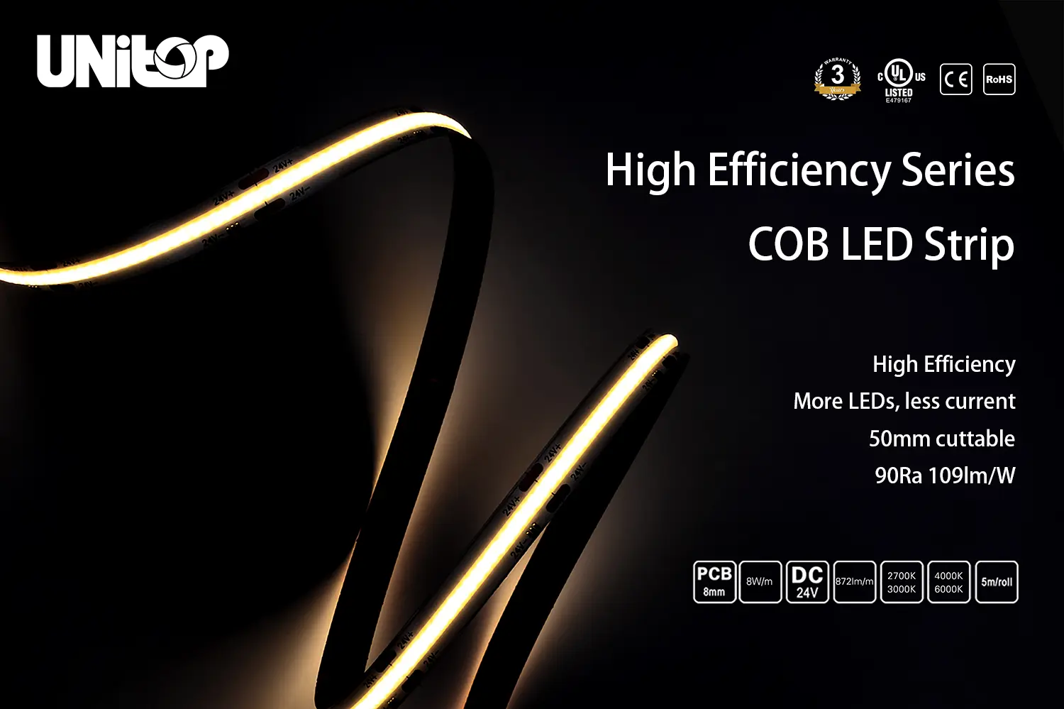 Tira LED COB-480-8mm-5m