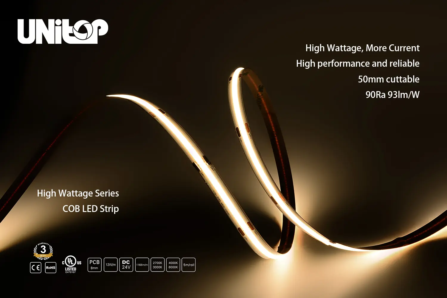 Fita LED COB de alta potência-480-8mm-5m