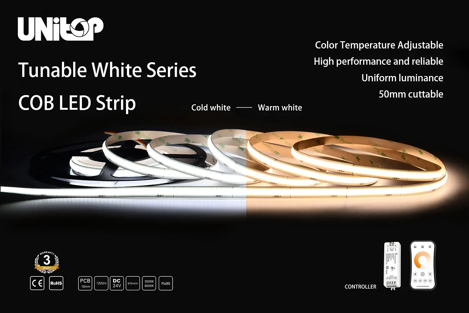 COB LED Strip afstembaar wit-840-10mm-5m