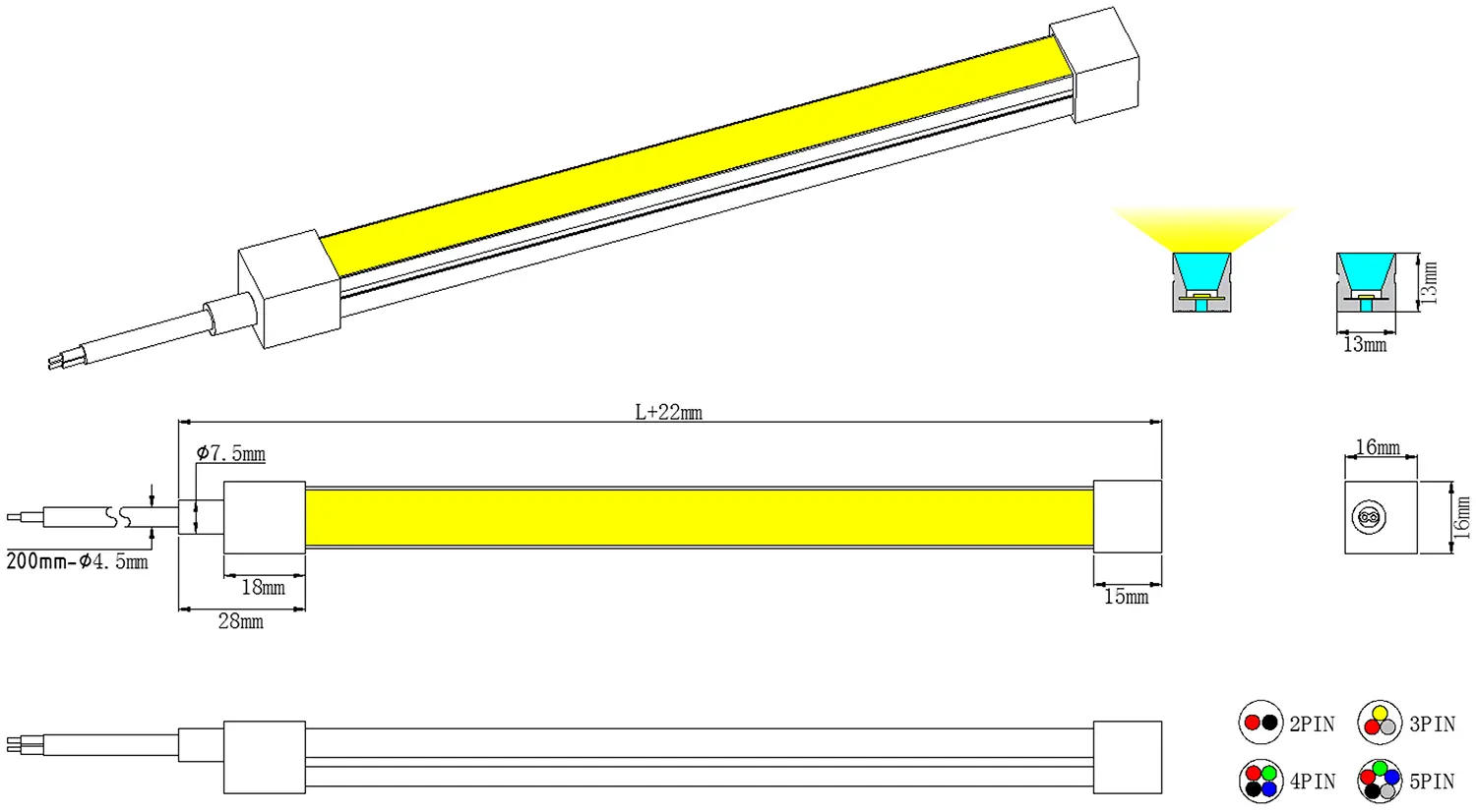 TB1313 Top Bend LED Neon Flex dimensie