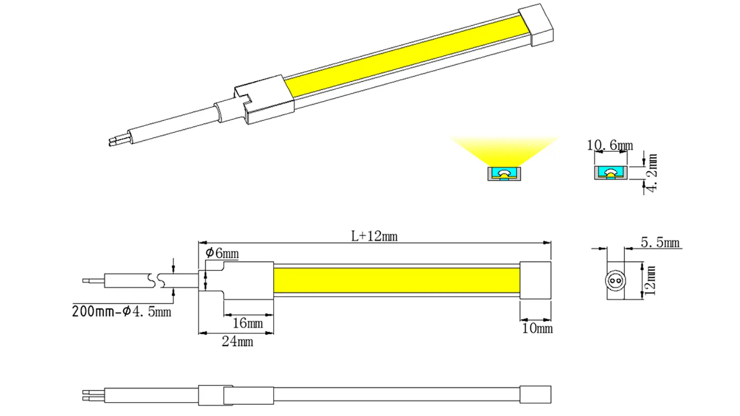 Top bend LED neon flex 1005 Dimensão e comprimento