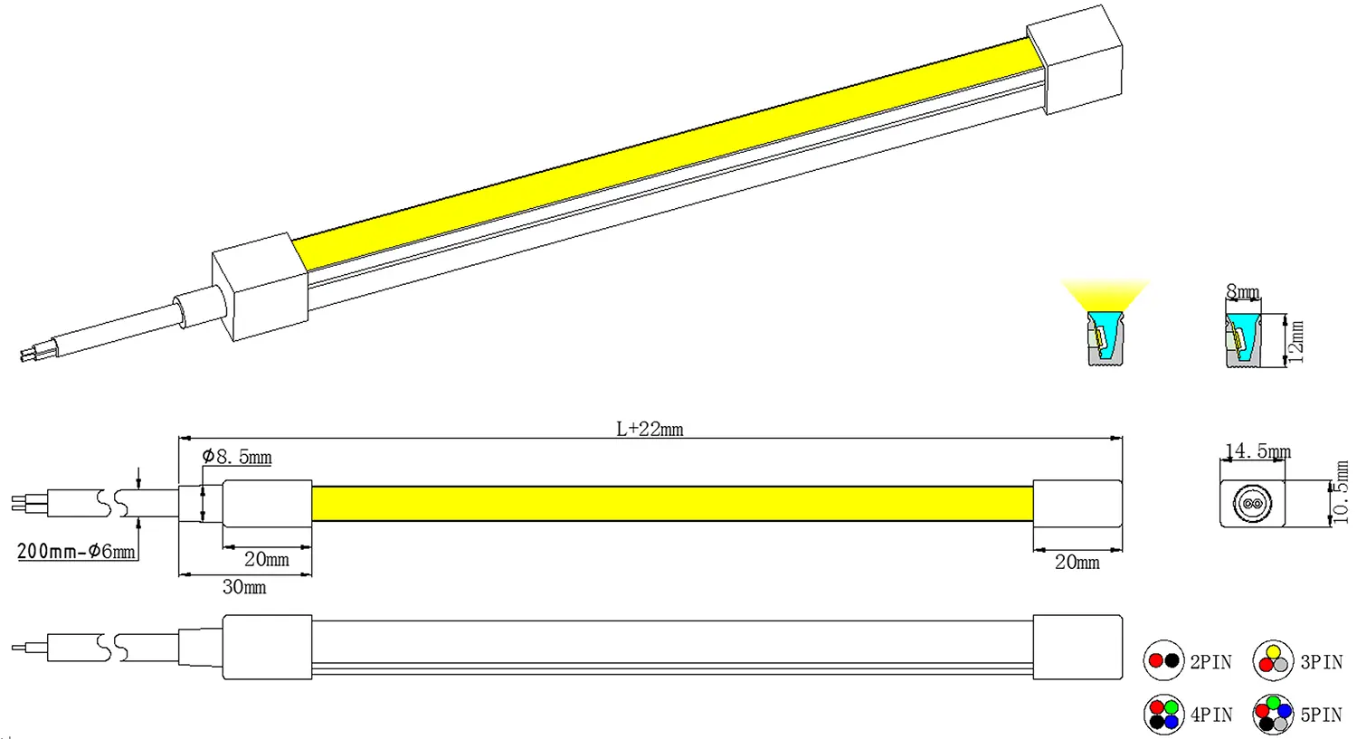 0812 curva lateral LED Neon Flex dimensão