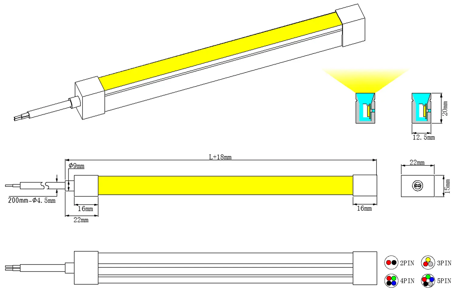 1220 Dimensão do LED Neon Flex de curvatura lateral