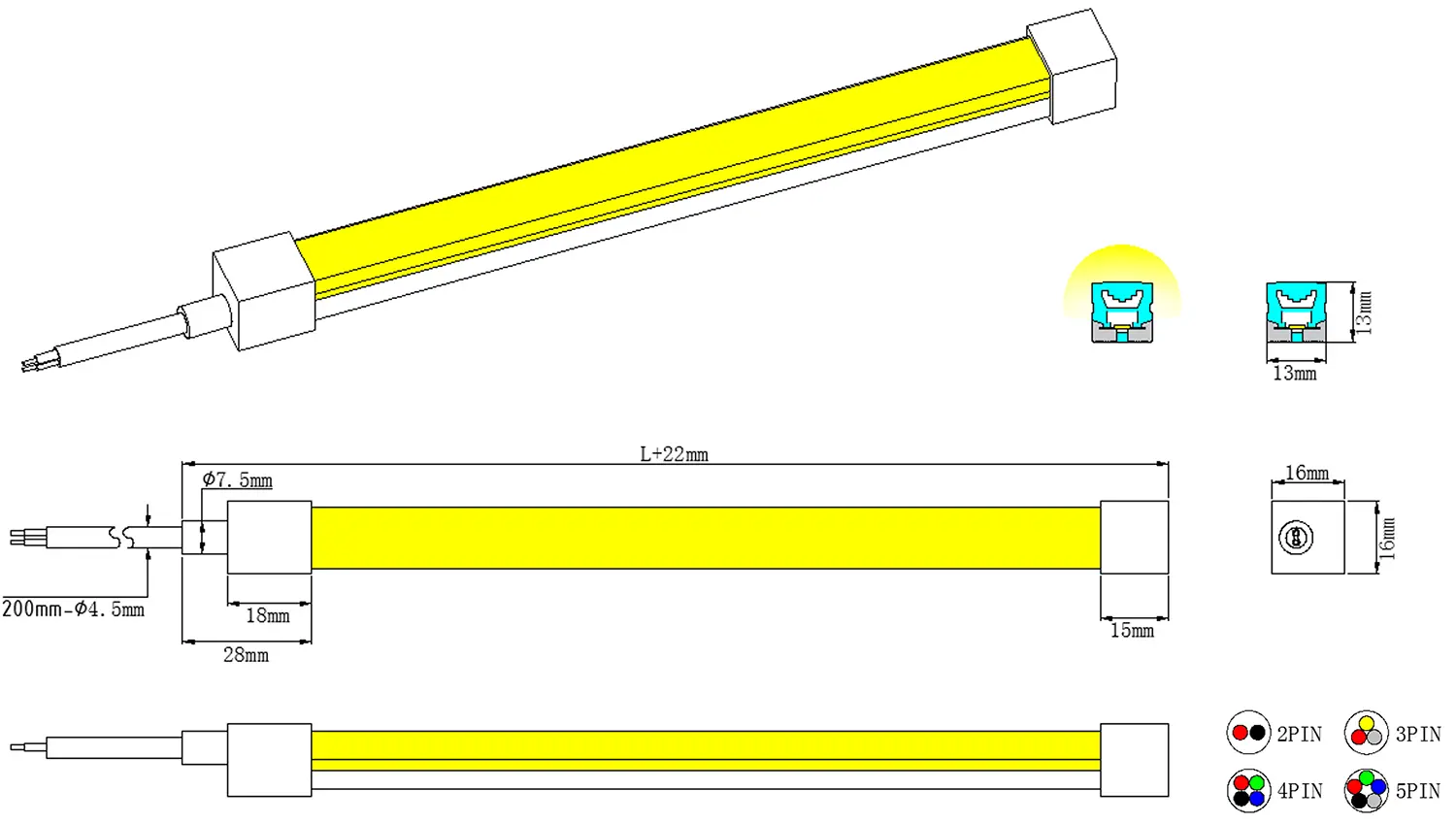 TB1313B Top Bend LED Neón Flex dimensión