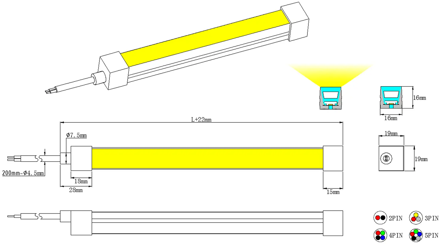 TB1616 Top Bend LED Neon Flex dimension