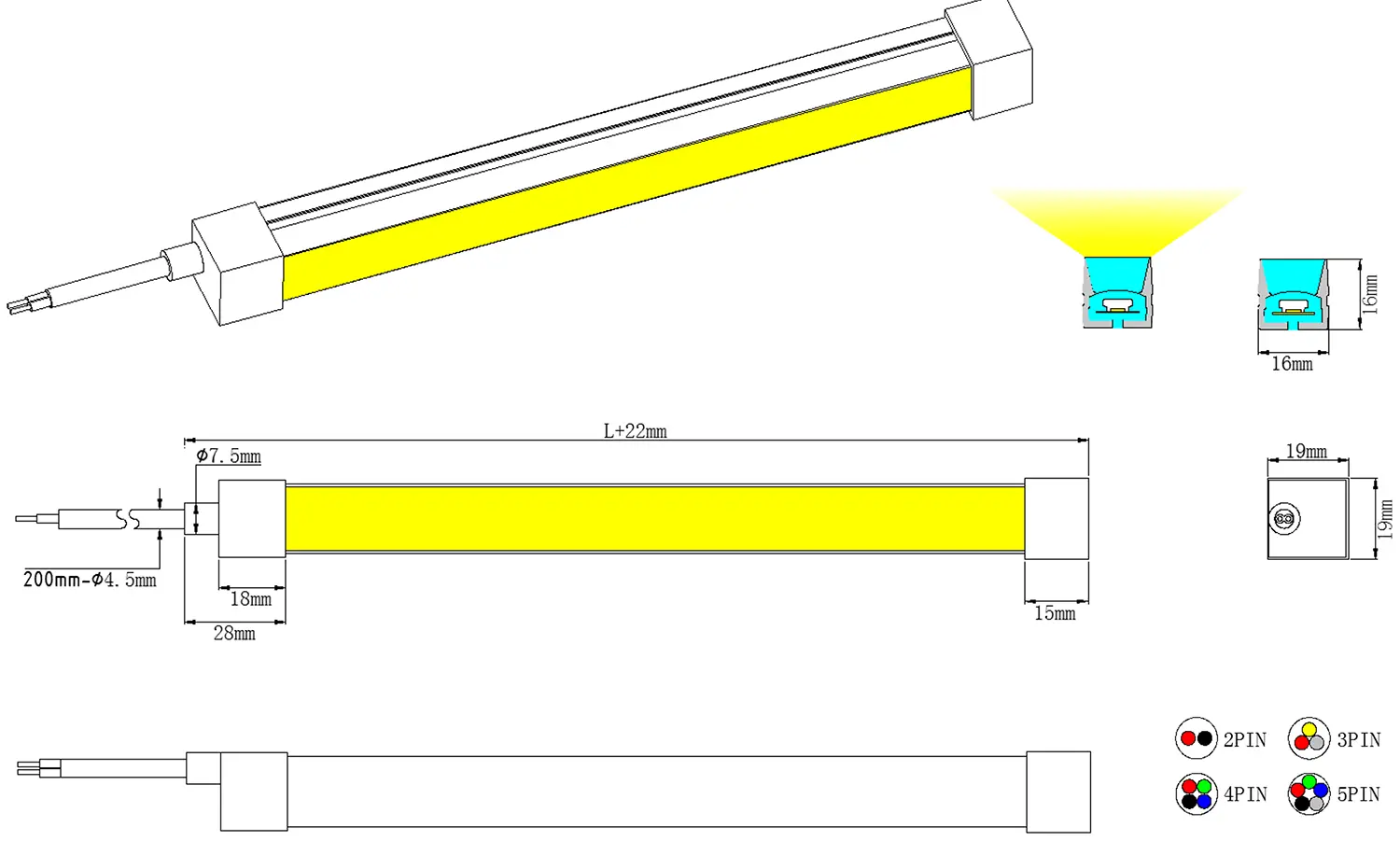 TB1616B Curva superior LED Neon Flex Dimensão