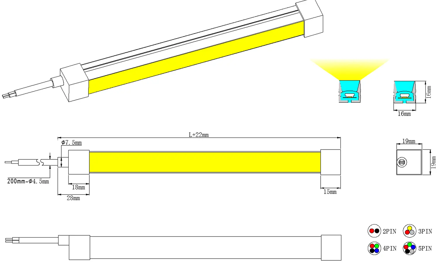 TB1616B Top Bend LED Neon Flex Afmeting