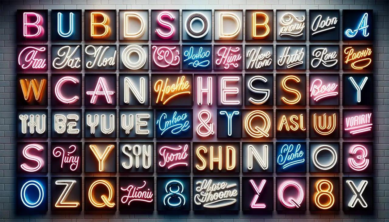 Voorbeeld van verschillende lettertypes en stijlen in LED neonlichten