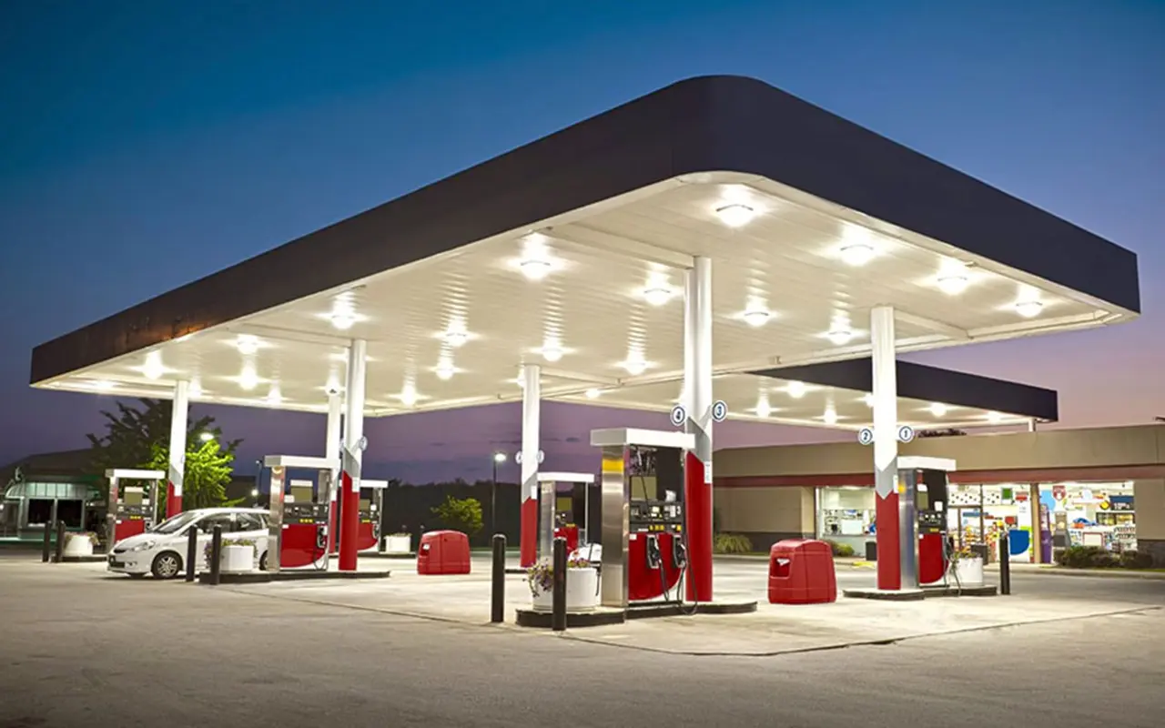 Canopy lights at a gas station